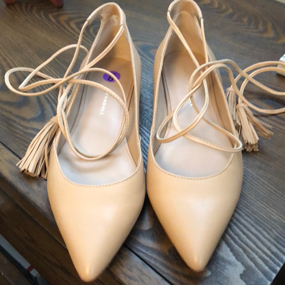 Loeffler Randall Beige Leather Pointed Toe Lace-Up Flats